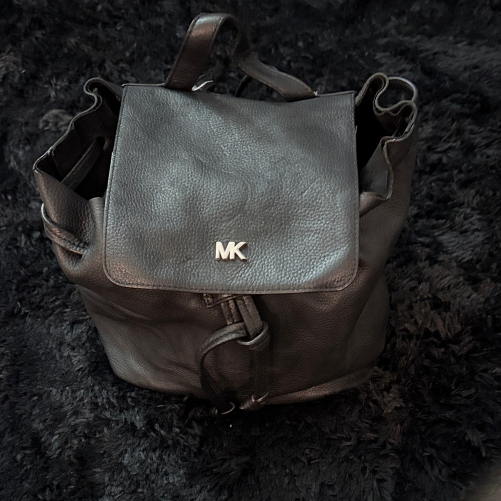 Michael Kors Black Pebbled Leather Drawstring Flap Backpack